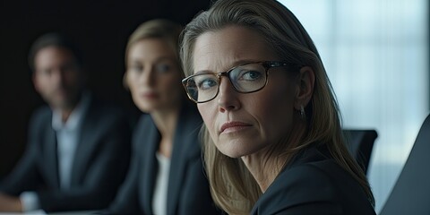 Fototapete - A mid-shot of a financial advisor reviewing portfolios with her team in a sleek boardroom, her serious demeanor framed by neutral, professional lighting.