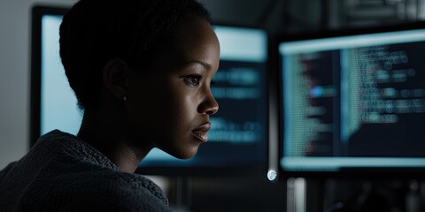 Poster - a woman coding at her desk, dual monitors displaying code, her focused expression enhanced by the soft, muted lighting.