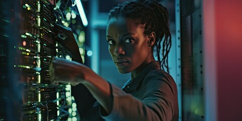 Poster - Portrait of a woman troubleshooting a server issue, hands on the equipment, her focused expression portraying professionalism amidst the tech details.