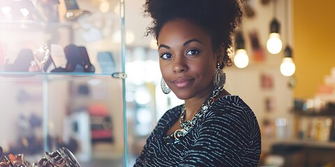 Poster - A boutique setting showcasing a female entrepreneur organizing inventory, her engaged expression complemented by warm, trendy background tones.