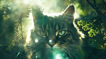 Wall Mural - A close-up of a majestic cat with striking green eyes, surrounded by lush foliage and soft sunlight filtering through