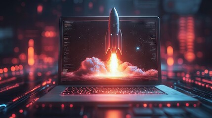 Poster - A futuristic startup concept featuring a rocket launching from a laptop screen, symbolizing innovation, technology, and digital transformation. A sci-fi cyberpunk aesthetic for business