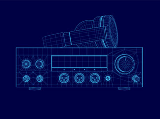 Poster - A blue drawing of a stereo with headphones on top of it. The headphones are on the left side of the stereo