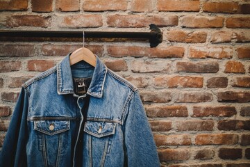 Aufkleber - Rustic brick wall displays denim jacket on hanger with ample space for promotional text and creative designs. Generative AI
