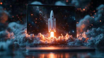 Poster - A futuristic startup concept featuring a rocket launching from a laptop screen, symbolizing innovation, technology, and digital transformation. A sci-fi cyberpunk aesthetic for business 