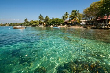 Poster - Serene turquoise beach with boats, houses in the background. For travel