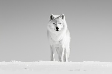  White wolf staring intently in snowy background, for wildlife stock, and posters