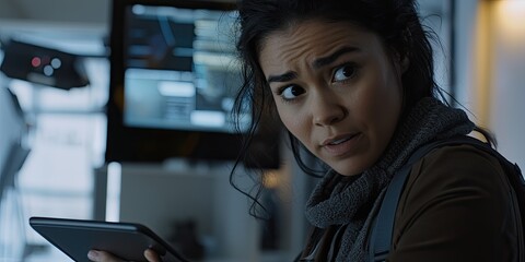 Fototapete - A close-up of a female tech entrepreneur analyzing data on a tablet, her determined expression set against a high-tech office with neutral lighting.