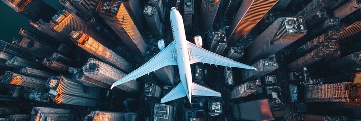 Aufkleber - Airplane flying over skyscrapers in a bustling urban landscape at sunset. Generative AI