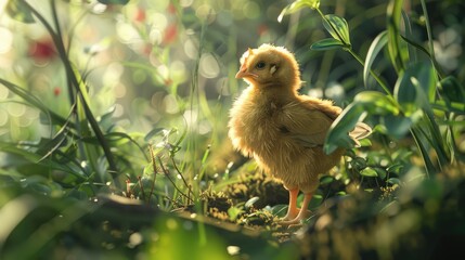 Canvas Print - A fluffy chick stands amidst vibrant greenery, basking in sunlight, with soft bokeh in the background