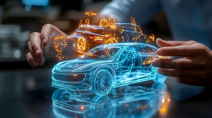 Poster - Close up view of human hands interactively manipulating a holographic display of electric vehicle prototypes showcasing the future of sustainable and innovative automotive technology