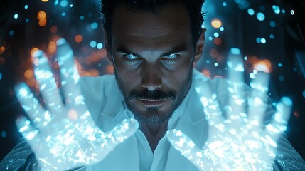 Poster - futuristic hologram technology display with glowing digital data and light projections representing 