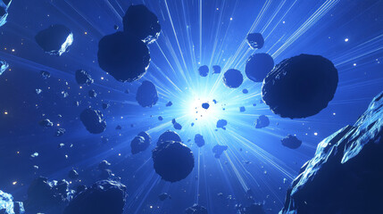 Wall Mural - Blue outer space background with stars and nebula, neon glowing planets with orbit and falling asteroids. Cartoon vector illustration of cosmos bg with celestial bodies. Fantasy astronomy backdrop.