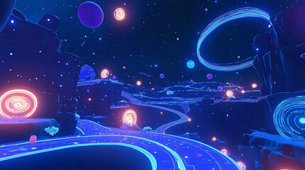 Wall Mural - Blue outer space background with stars and nebula, neon glowing planets with orbit and falling asteroids. Cartoon vector illustration of cosmos bg with celestial bodies. Fantasy astronomy backdrop.