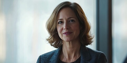 Poster - A professional image of a female CEO providing feedback during a brainstorming session, her open expression framed by dynamic, natural office lighting.