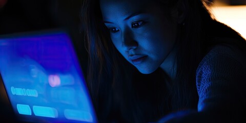 Poster - a woman configuring network security settings on her laptop, her focused expression complemented by soft, cool lighting, reflecting dedication and seriousness.