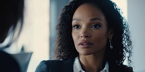 Poster - A close-up of a female executive discussing project plans with her team, her attentive expression softened by productive, soft office lighting.