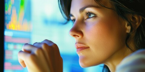 Poster - A close-up of a woman reviewing financial reports on a computer screen, her thoughtful expression set in cool, professional lighting.