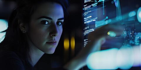 Poster - Medium shot of a woman collaborating with her team on cloud infrastructure, all eyes fixed on the screen, their engaged focus reflecting a warm and professional atmospher