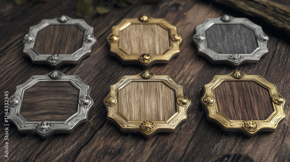 Wooden buttons with gold and silver frames for game ui design. Vector ...