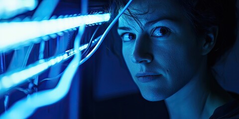 Poster - a woman adjusting data cables in a dimly lit server room, her serious expression framed by the cool blue glow of the equipment, evoking a quiet, professional tone.