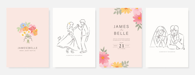 Wall Mural - elegant wedding invitation card background vector. minimal hand drawn bride and groom in watercolor 