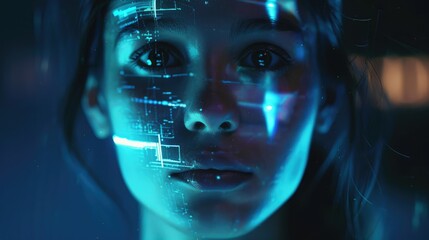 Poster - Portrait of a young woman with digital projections on her face, creating a futuristic atmosphere in a tech environment