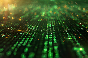 Poster - Abstract representation of digital data flow with green binary code and glowing particles in motion