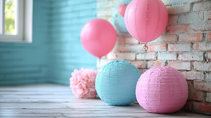 Poster - Colorful party decorations with balloons and festive paper lanterns in bright room setting