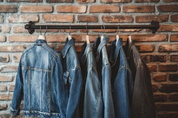 Poster - Denim jackets hanging on a rustic brick wall with space for text or branding in a trendy urban setting. Generative AI