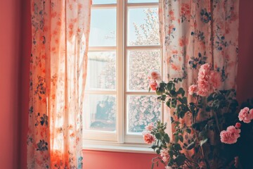 Poster - Interior view of a window with floral curtains and roses