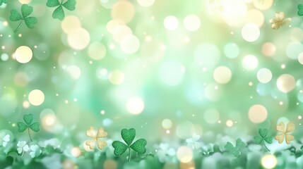 Wall Mural - A vibrant green background adorned with shamrocks and soft bokeh lights, evoking a festive and cheerful atmosphere.