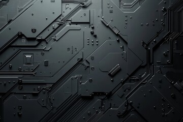 Poster - Abstract clean black and gray background with industrial circuit patterns and geometric shapes, perfect for technology-themed designs and modern digital wallpapers.