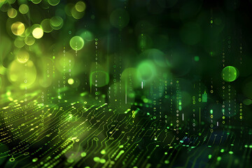 Poster - Abstract green technology background with glowing binary code and circuit patterns, ideal for digital themes