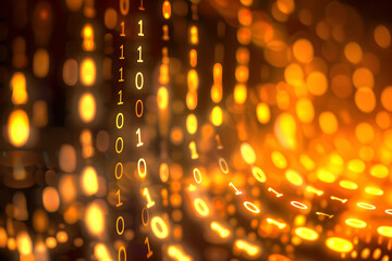 Poster - abstract representation of digital data flow with binary code and glowing bokeh lights in background
