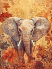 Fototapete - Elephant surrounded by floral patterns and warm colors creating a vibrant artistic representation. Generative AI