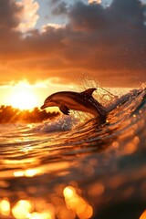 Sticker - Dolphin jumping over wave at sunset. Can illustrate marine life, or summer vacation