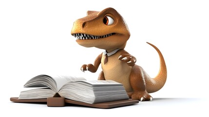 Poster - Curious Dinosaur Character Reading Educational Book on Wooden Desk