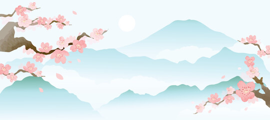 Wall Mural - spring japanese cherry blossom flower background vector. wallpaper design of elegant watercolor saku