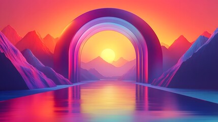 Poster - Enchanting Arch of Dimensional   Vibrant cosmic landscape with glowing portal gate surrounded by towering mountains and a dramatic colorful sunset sky  This surreal