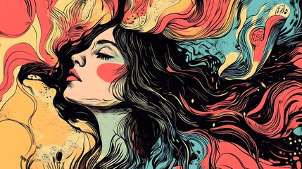 Aufkleber - Enchanting Ethereal Feminine Dreamscape with Flowing Vibrant Hair and Expressive Face