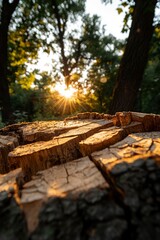 Wall Mural - Warm light on old tree stump in forest. Sunlight flares behind trees