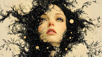 Leinwandbilder - Enchanting Ethereal Portrait of Mysterious Curly Haired Woman with Flower Crown