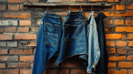 Aufkleber - Denim clothing hanging on a rustic brick wall with space for creative text or branding opportunities. Generative AI
