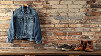 Aufkleber - Rustic setting featuring denim jacket on brick wall with casual shoes and boots placed on wooden table. Generative AI