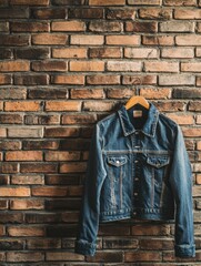 Poster - Denim jacket hanging on rustic brick wall with space for text and creative displays. Generative AI