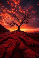 Wall Mural - lone tree silhouette against a fiery sunset, atop red rock, for art or landscape use