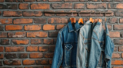 Poster - Stylish denim jackets displayed against a rustic brick wall with space for text. Generative AI