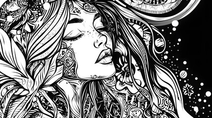 Leinwandbilder - Ethereal Feminine Portrait of Mystical Otherworldly Beauty with Floral Motifs
