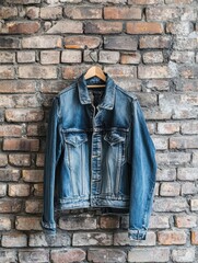 Aufkleber - Denim jacket hanging on rustic brick wall creating a stylish backdrop for showcasing casual wear. Generative AI